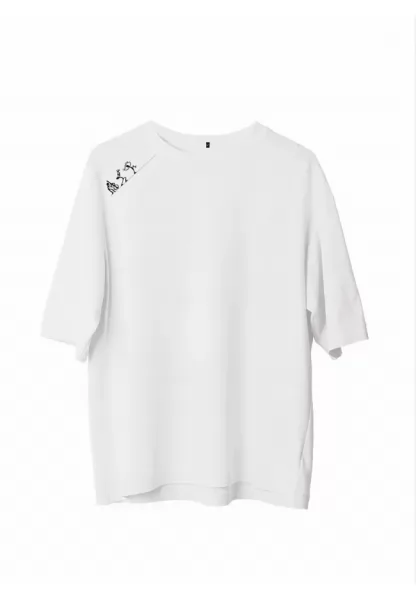 Unisex Bisiklet Yaka Baskılı Oversize T-Shirt - Beyaz