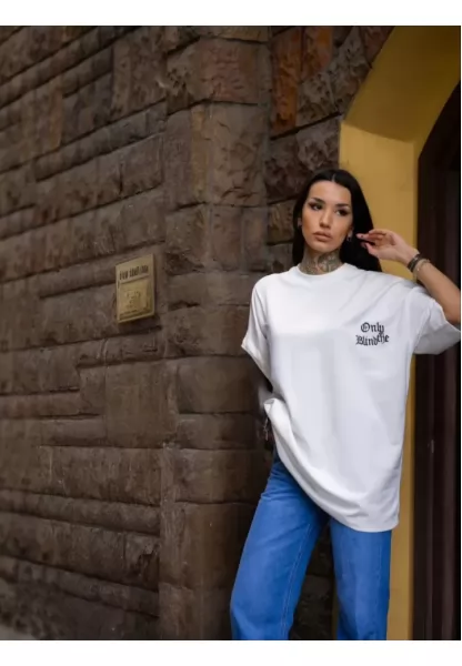 Unisex Bisiklet Yaka Baskılı Oversize T-Shirt - Beyaz