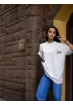 Unisex Bisiklet Yaka Baskılı Oversize T-Shirt - Beyaz