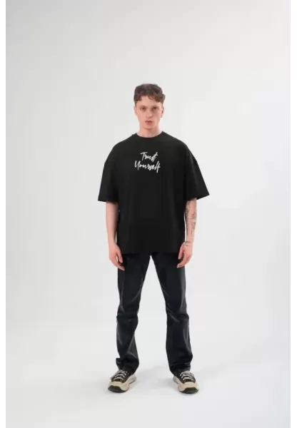 Unisex Bisiklet Yaka Baskılı Oversize T-Shirt - Siyah