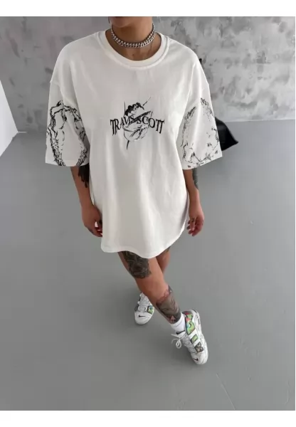 Unisex Bisiklet Yaka Baskılı Oversize T-Shirt - Beyaz