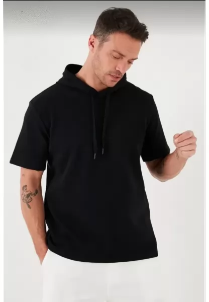 Unisex Kapşonlu Kısa Kol Düz Oversize T-shirt - Siyah