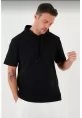 Unisex Kapşonlu Kısa Kol Düz Oversize T-shirt - Siyah