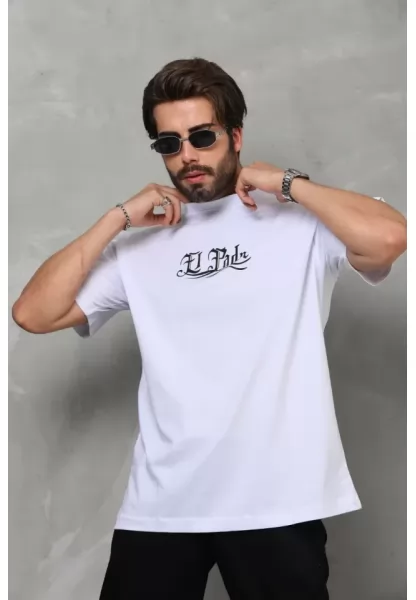 Unisex Bisiklet Yaka Baskılı Oversize T-Shirt - Beyaz