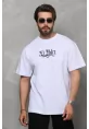 Unisex Bisiklet Yaka Baskılı Oversize T-Shirt - Beyaz