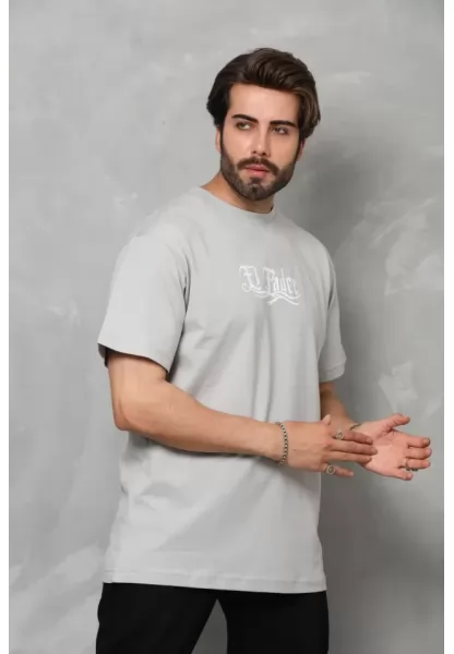 Unisex Bisiklet Yaka Baskılı Oversize T-Shirt - Gri