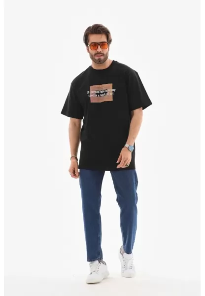 Unisex Bisiklet Yaka Baskılı Oversize T-Shirt - Siyah