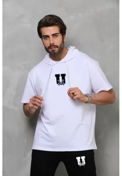 Unisex Kapşonlu Oversize T-Shirt Takım - Beyaz