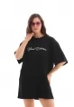 Unisex Bisiklet Yaka Baskılı Oversize T-Shirt - Siyah