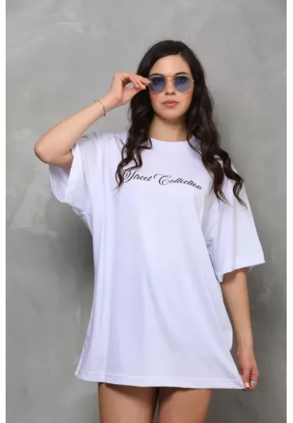 Unisex Bisiklet Yaka Baskılı Oversize T-Shirt - Beyaz