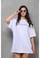 Unisex Bisiklet Yaka Baskılı Oversize T-Shirt - Beyaz