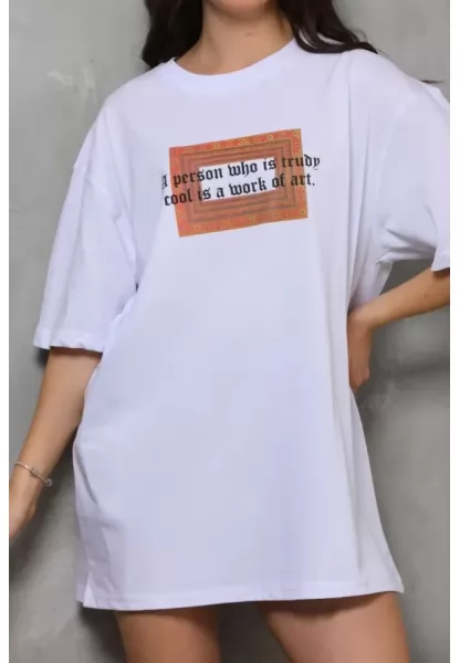 Unisex Bisiklet Yaka Baskılı Oversize T-Shirt - Beyaz