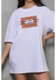 Unisex Bisiklet Yaka Baskılı Oversize T-Shirt - Beyaz