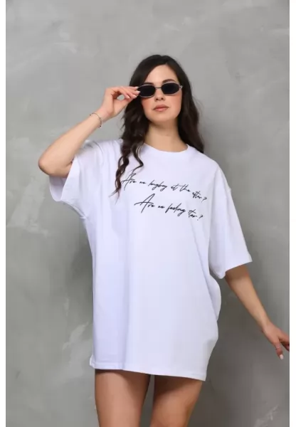 Unisex Bisiklet Yaka Baskılı Oversize T-Shirt - Beyaz