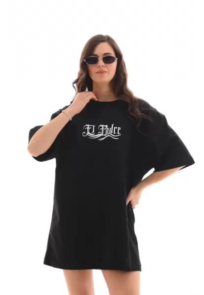 Unisex Bisiklet Yaka Baskılı Oversize T-Shirt - Siyah