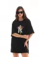 Unisex Bisiklet Yaka Baskılı Oversize T-Shirt - Siyah