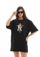 Unisex Bisiklet Yaka Baskılı Oversize T-Shirt - Siyah