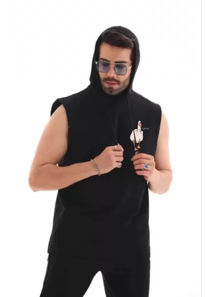 Unisex Kapşonlu Kolsuz Oversize Baskılı Tişört - Siyah