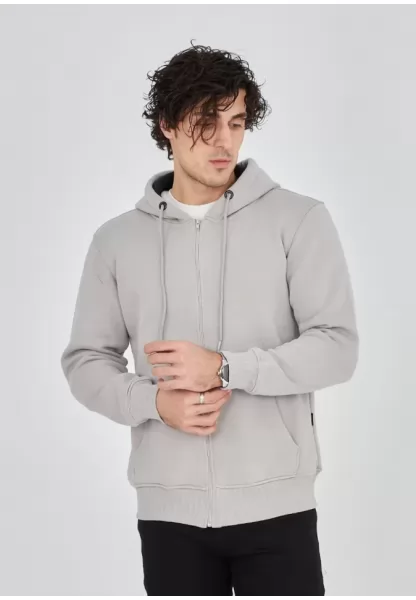 Unisex Tam Fermuarlı Kapşonlu  SweatShirt - Boyalı Gri