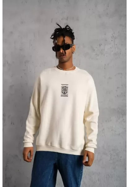 Unisex Bisiklet Yaka Baskılı Oversize Sweatshirt - Beyaz