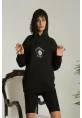 Unisex Kapüşonlu Üç İplik Oversize Baskılı Sweatshirt - Siyah