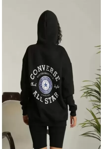 Unisex Kapüşonlu Üç İplik Oversize Baskılı Sweatshirt - Siyah