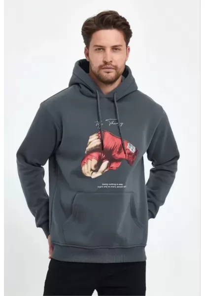 Unisex Kapüşonlu Üç İplik Oversize Baskılı Sweatshirt - Gri