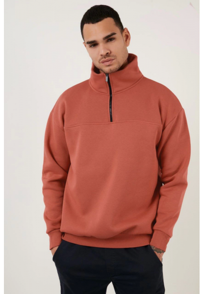 Oversize Yarım Farmuarlı Yakalı Basic SweatShirt - Gül Kurusu