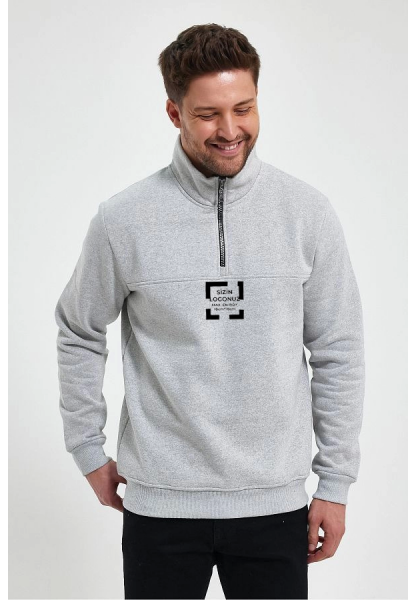 Oversize Yarım Farmuarlı Yakalı Özel Tasarım Basic SweatShirt - Gri