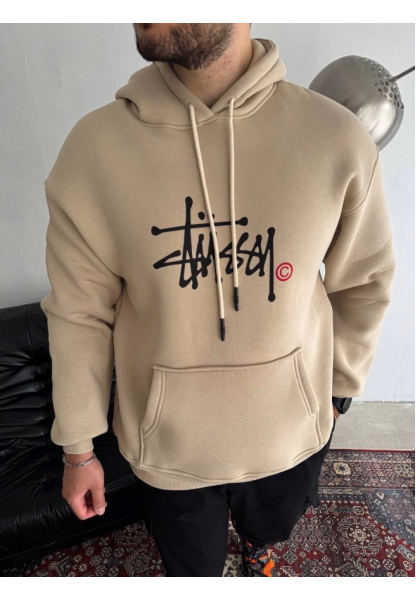 Üç İplik Kapşonlu Baskılı SweatShirt - Bej