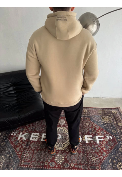 Üç İplik Kapşonlu Baskılı SweatShirt - Bej