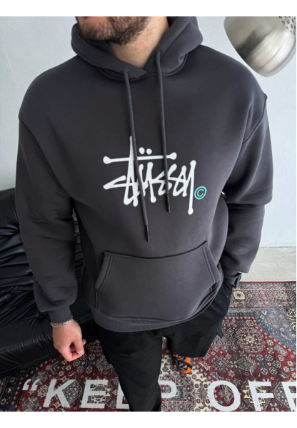 Üç İplik Kapşonlu Baskılı SweatShirt - Füme