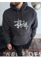 Üç İplik Kapşonlu Baskılı SweatShirt - Füme