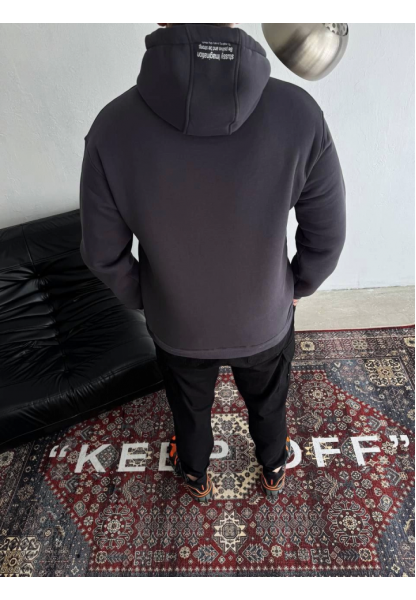 Üç İplik Kapşonlu Baskılı SweatShirt - Füme