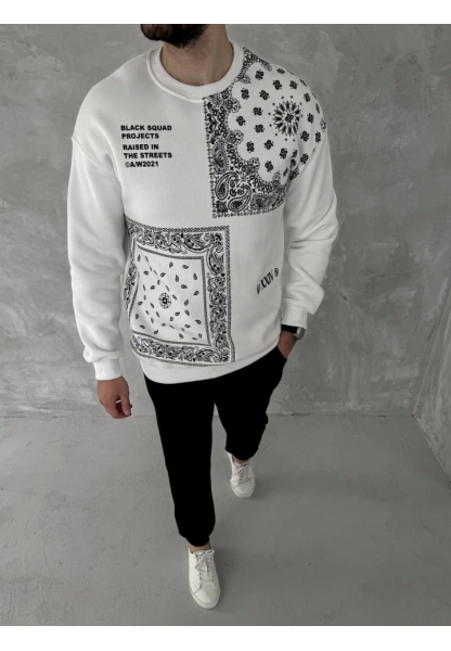 Üç İplik Desenli Bisiklet Yaka Oversize SweatShirt - Beyaz