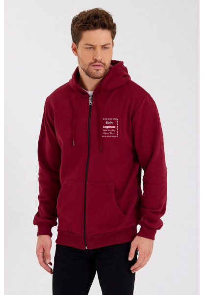 Unisex Tam Fermuarlı Kapşonlu Özel Tasarım SweatShirt - Bordo