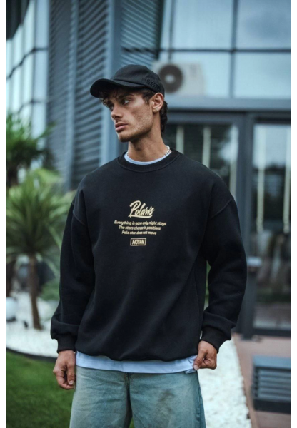 Kışlık Bisiklet Yaka Ön Ve Arka Baskılı SweatShirt - Siyah