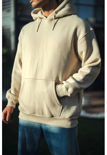 Üç İplik Penye Kapşonlu Basic SweatShirt - Bej