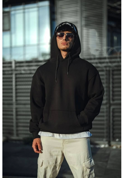 Üç İplik Penye Kapşonlu Basic SweatShirt - Siyah