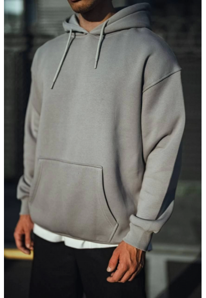 Üç İplik Penye Kapşonlu Basic SweatShirt - Boyalı Gri