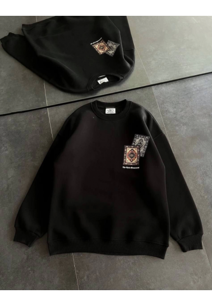 Bisiklet Yaka Baskılı SweatShirt - Siyah