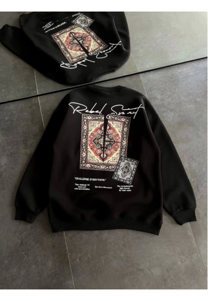 Bisiklet Yaka Baskılı SweatShirt - Siyah