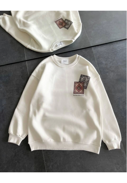 Bisiklet Yaka Baskılı SweatShirt - Beyaz