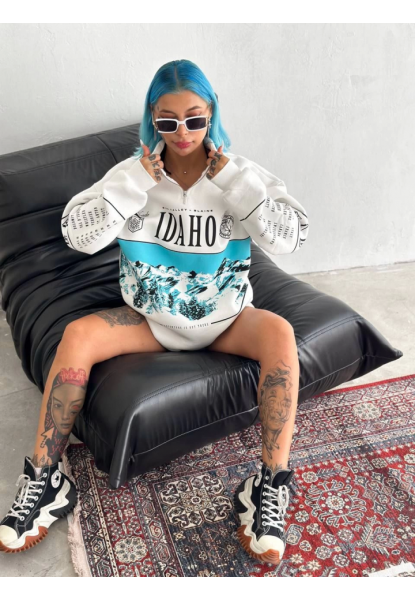 Yarım Fermuarlı Oversize Baskılı SweatShirt - Beyaz