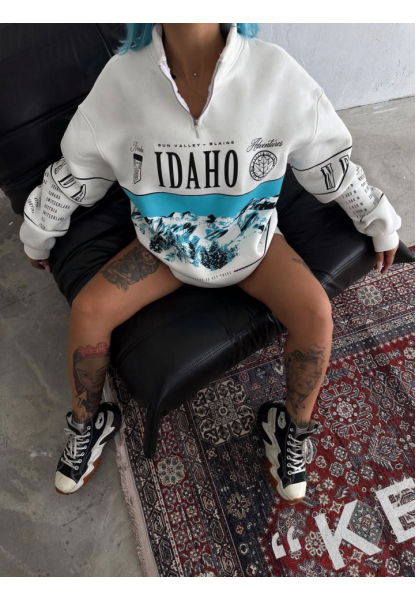 Yarım Fermuarlı Oversize Baskılı SweatShirt - Beyaz