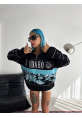 Yarım Fermuarlı Oversize Baskılı SweatShirt - Siyah