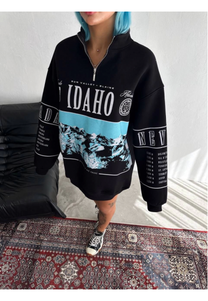 Yarım Fermuarlı Oversize Baskılı SweatShirt - Siyah