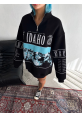 Yarım Fermuarlı Oversize Baskılı SweatShirt - Siyah