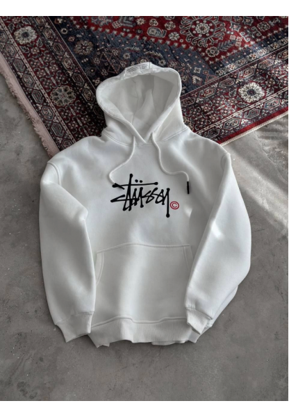 Üç İplik Kapşonlu Baskılı SweatShirt - Beyaz