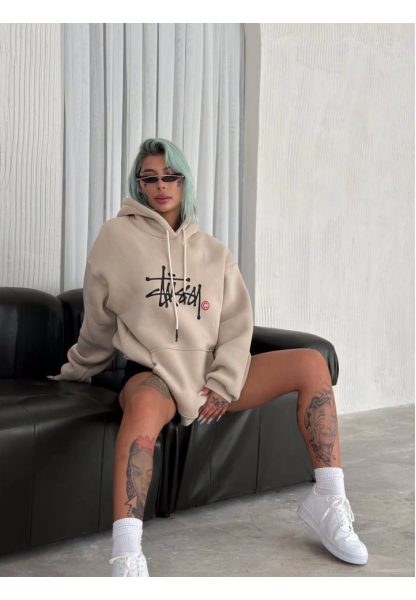 Üç İplik Kapşonlu Baskılı SweatShirt - Bej